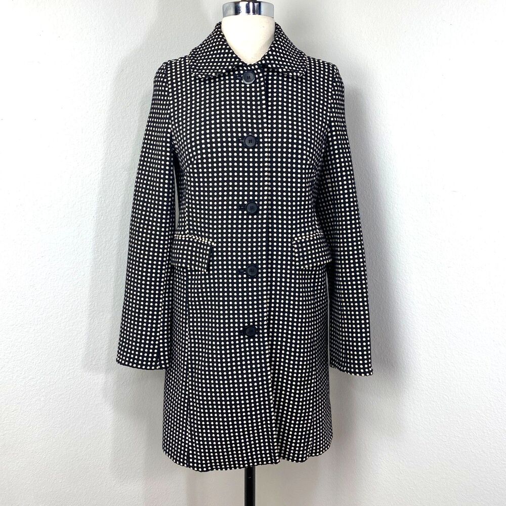 Charter Club Black Coat Textured White Polka Dots Small Button Front Pockets